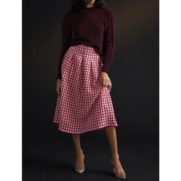 Eva Franco Plaid Full Textured Pleated A-Line Midi Skirt Pink Combo 4 - Picture 1 of 5